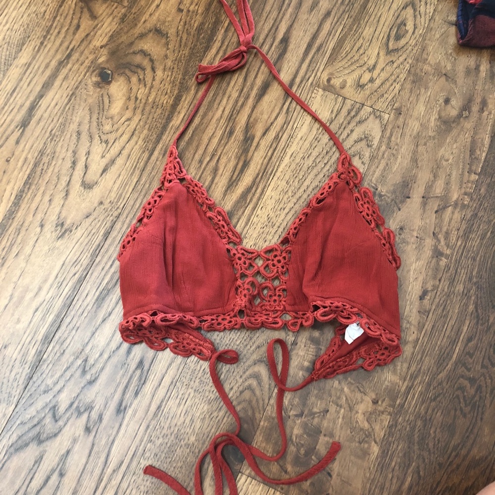 Red clay halter lace crop top